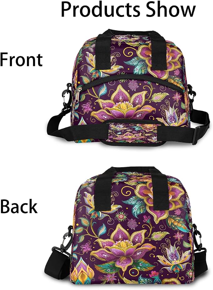 Pardick Ethnic Flower Purple Insulated Lunch Bag for Women Girl Reusable Lunch Tote Box With Shoulder Strap Lightweight Thermal Cooler Meal Prep Bag for Work School Office Picnic