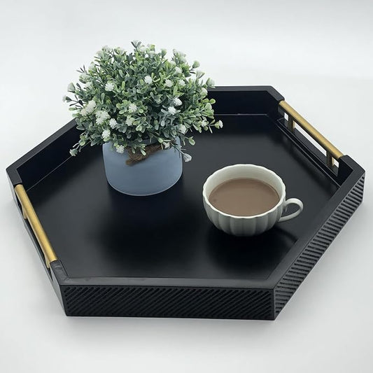 Serving Tray with Polished Metal Handles, Hexagon Coffee Table Tray, Modern Rectangle Decorative Tray, Large Ottoman Tray, Perfect for Storage and Display (Black Hexagon)