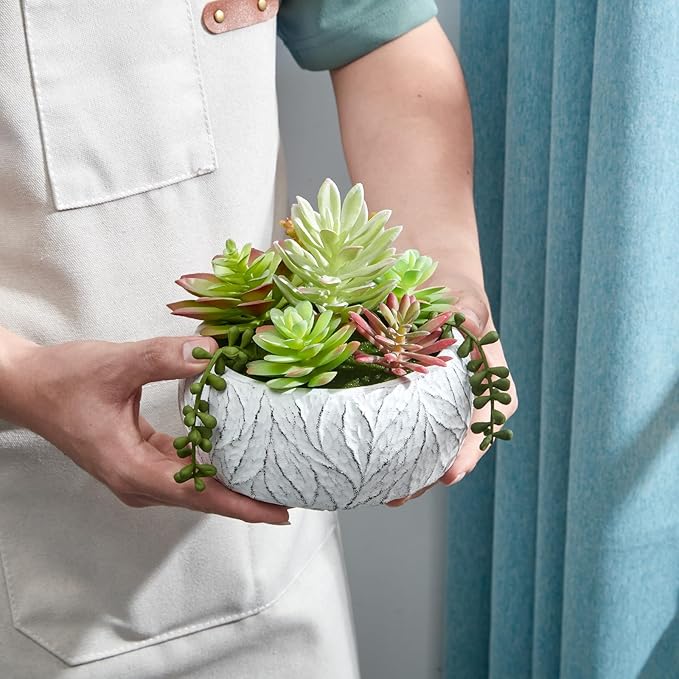 6 Inch Artificial Succulent Plant in White Ceramic Pot - Realistic Fake Succulent for Home Office Desk Bathroom Decor Coffee Table Decor