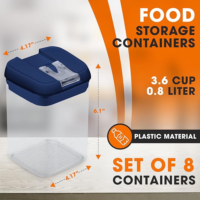 Set of 8 Airtight Food Storage Containers - Pantry Organizer Bins, BPA Free Plastic Containers plus Dry Erase Marker and Labels, Navy