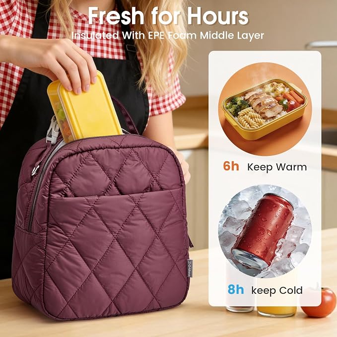 G4Free Large Insulated Lunch Bag, Leakproof Quilted Lunch Box Women Men, Reusable Puffer Lunch Bag For Work Picnic Travel, Dark Red