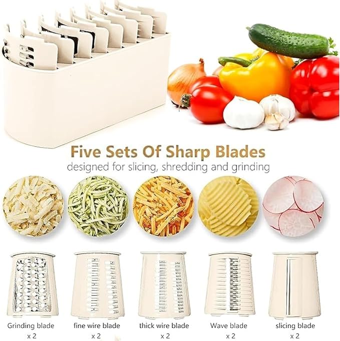 Rotary Cheese Grater with Strong Suction Base, 5-in-1 Hand Crank Vegetable Slicer & Shredder, Stainless Steel Blades for Cheese Nuts Fruits, Food Chopper with Storage Box