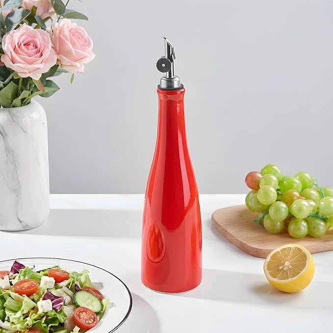 YOLIFE Olive Oil Dispenser Bottle, 20oz Ceramic Oil Dispenser for Kitchen, Oil Bottle with Gravity Spout, Leak Proof EVOO Dispensing Bottle with 2 Spouts and 1 Funnel for Vinegar, Juice(Red)
