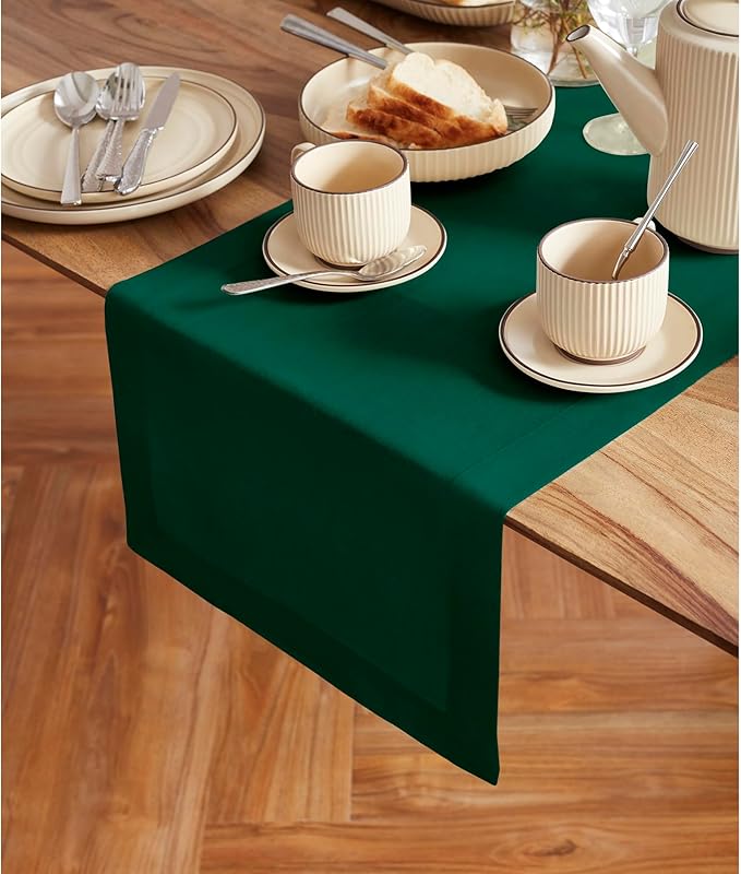 Solino Home 100% Pure Linen Dark Green Table Runner 48 Inches - 14 x 48 Inch for Coffee Tables, Dresser - Sonoma Collection