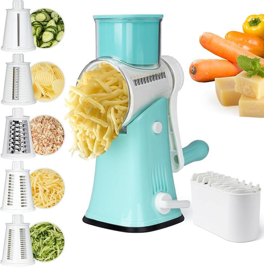 5 in 1 Rotary Cheese Grater, Manual Hand Crank Cheese Grater With Reinforced Suction & 5 Interchangeable Blades, Multifunctional Cheese Shredder, Easy to Use and Clean, Blue