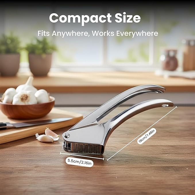 KUYRA Garlic Press Stainless Steel – Heavy Duty No-Peel Garlic Crusher & Mincer, High Capacity Chamber, Rust-Free 304 Steel, Easy Clean & Dishwasher Safe Clove Crusher & Hand Mincer