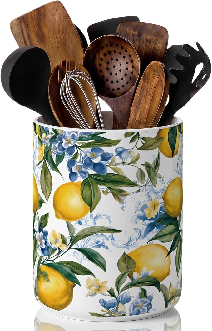 Suclain Lemon Ceramic Utensil Holder 6.3 Inch Rustic Kitchen Crock Summer Lemon Floral Design Countertop Storage Organizer for Spatula and Spoon Home Cooking Unique Gift Idea