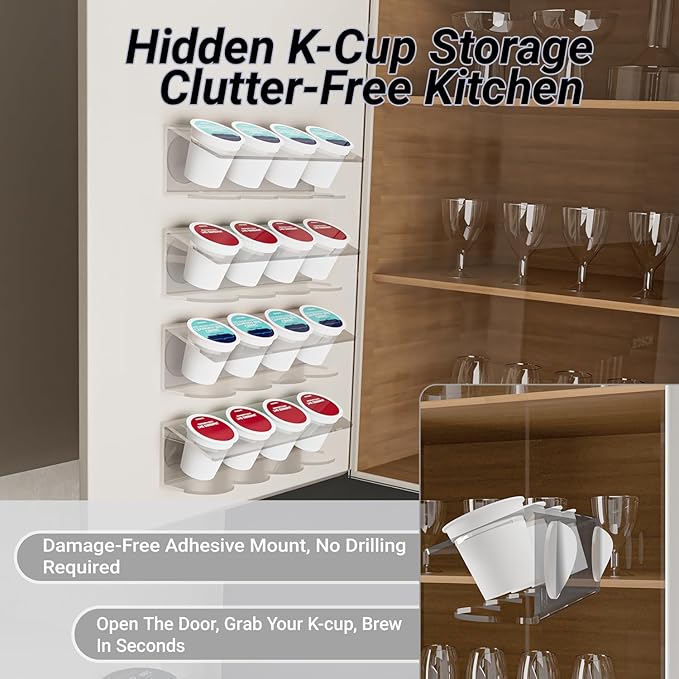 4 Pack Small Acrylic K Cup Holder, Sticky Adhesive & Magnetic Coffee Pod Organizer, Reusable K Cup Stand for Cabinet Door, Fridge, Kitchen, Holds 16 K-Cups - Clear