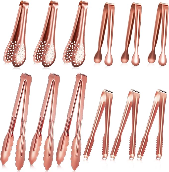 Sawysine 12 Pieces Tongs for Serving Utensils Mini Serving Tong Stainless Steel Appetizer Kitchen Toy Sugar Ice Food Cooking Utensils for Salad Buffet Party, 5 Inch, 9 Inch(Rose Gold)