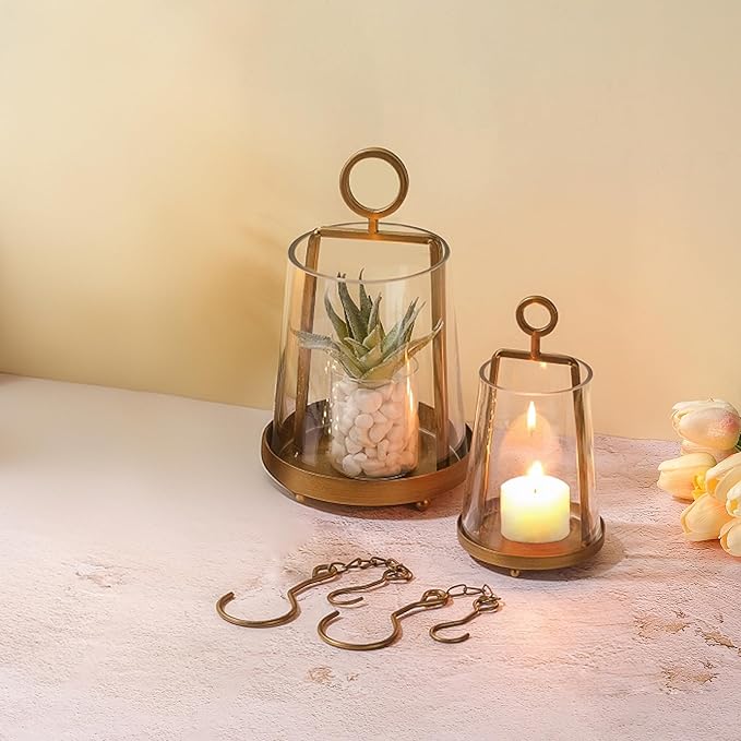 6" & 4" Wide Modern Farmhouse Metal Hurricane Candle Holder with Handmade Sturdy Glass Sleeve in Antique Brass for Pillar Candle & Plants, Glass Hurricane Lantern, Industrial, Minimalistic