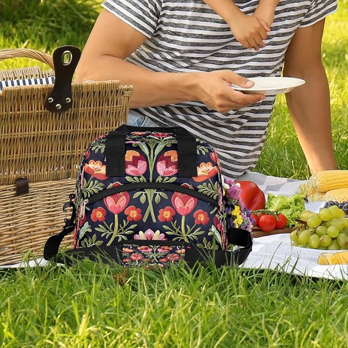 Pardick Red Flower Floral Insulated Lunch Bag for Women Girl Reusable Lunch Tote Box With Shoulder Strap Lightweight Thermal Cooler Meal Prep Bag for Work School Office Picnic