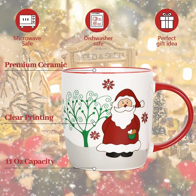 YHRJWN Christmas Mugs Set of 4, Merry Christmas Coffee Mugs with Reindeer, Santa, Snowman, Penguin Designs, Holiday Gifts for Family & Friends, 11 Oz
