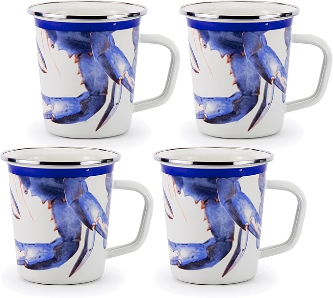 Golden Rabbit Enamelware Latte Coffee or Tea Mugs, 16 ounce, Blue Crab, Set of 4
