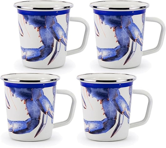 Golden Rabbit Enamelware Latte Coffee or Tea Mugs, 16 ounce, Blue Crab, Set of 4