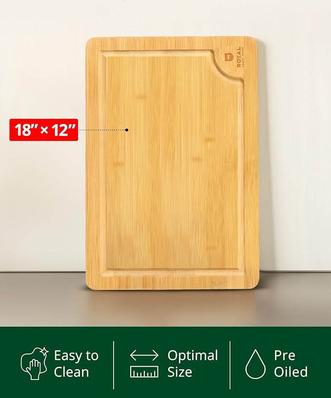 ROYAL CRAFT WOOD Bamboo Cutting Board with Juice Groove - Kitchen Chopping Board for Meat Cheese and Vegetables, Heavy Duty Serving Tray