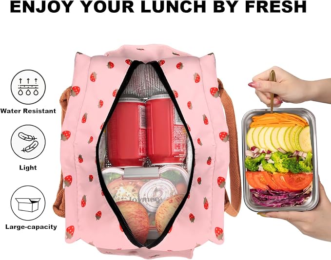 Joymee Insulated Lunch Bag For Women Reusable Lunch Box - Strawberry Pink | Spacious Storage, Bottle Holder & Pockets, Leakproof Insulated, for Work, Travel, Picnic, Daily Use, for Adult
