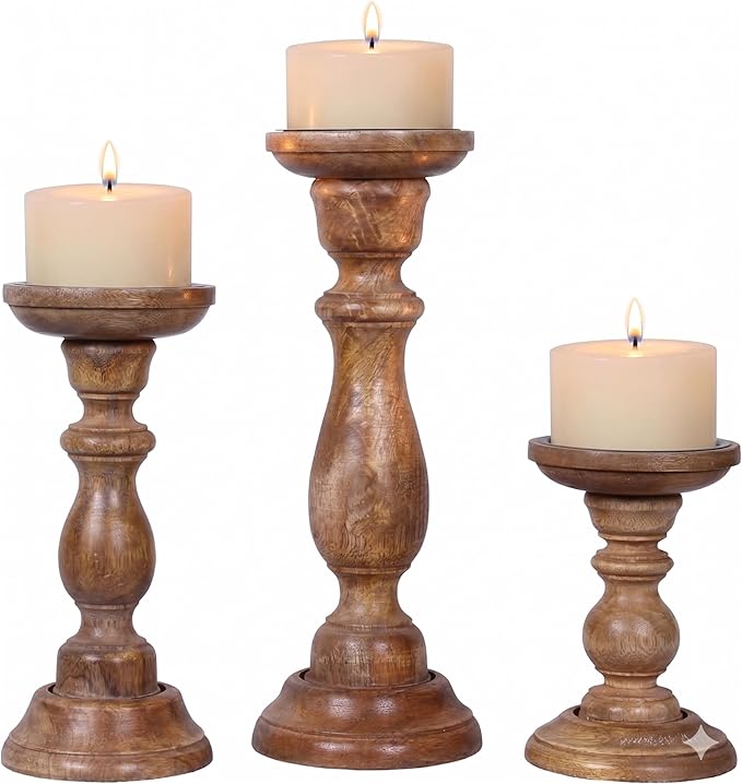 Mela Artisans 6”, 9” & 12” Mango Wood Pillar Candle Holder Set of 3 – Tuli Design Medium Polish – Wooden Candle Holders for Table, Mantel & Living Room Décor