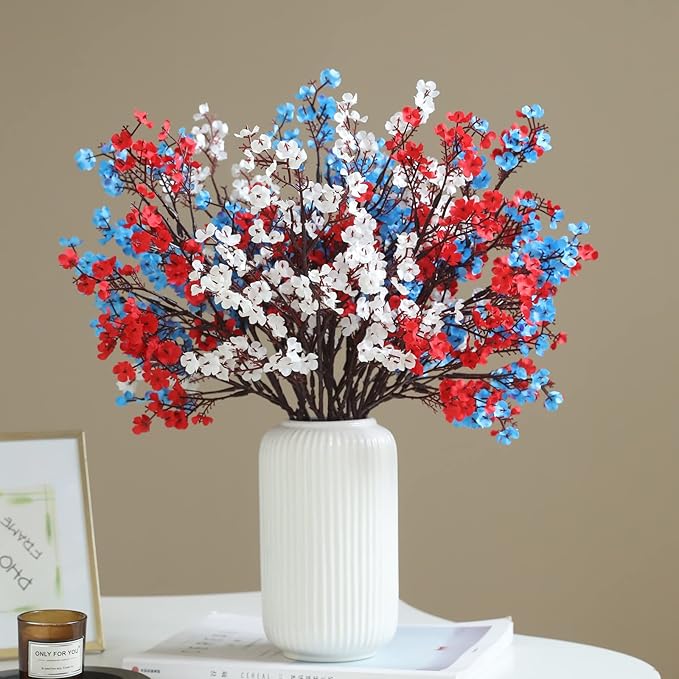 Hananona 10 Pcs 4th of July Flowers Artificial Babys Breath Fake Silk Red White Blue Patriotic Flowers for Independence Day Home Decor Floral Arrangement Table Centerpieces (10, Mix)