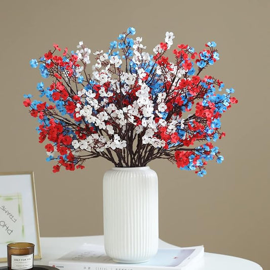 Hananona 10 Pcs 4th of July Flowers Artificial Babys Breath Fake Silk Red White Blue Patriotic Flowers for Independence Day Home Decor Floral Arrangement Table Centerpieces (10, Mix)