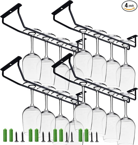 Black 4 Set Wine Glass Rack Under Cabinet Shelf Glasses Holder Storage with Drying Stemware Rack Under Counter Wine Glass Holder Metal Hanger