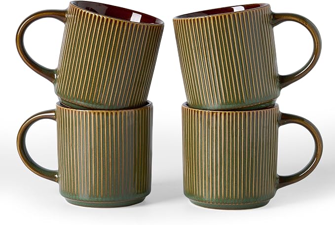 famiware Coffee Mug Set for 4, Star 12 oz Catering Mugs Cup Set with Handle for Coffee, Tea, Cocoa, Milk - Ceramic Stoneware Drinkware Set, Moss Cocoa