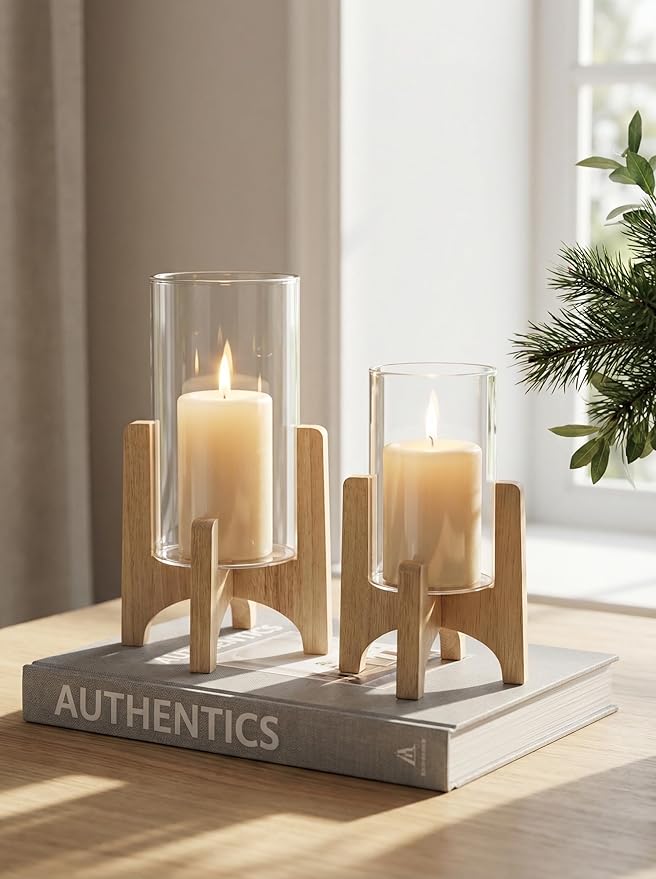 NUPTIO Hurricane Glass Candle Holders: Set of 2 Pillar Candle Holders with Wooden Stands - Mid Century Organic Modern Vases for Dining Table Centerpieces Decor