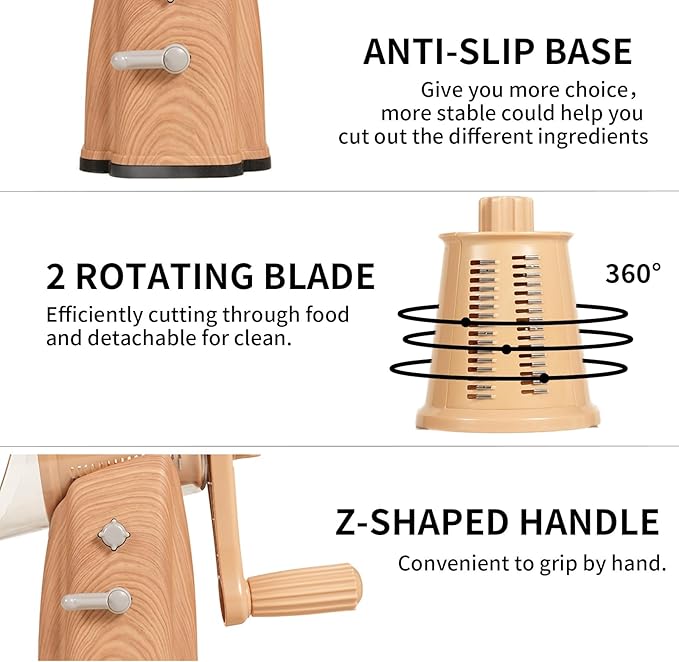 Upgrade Rotary Cheese Grater Shredder with Handle, Strong Suction Base, Multi-purpose Rotary Grater Slicer with 5 Interchangeable Blades for Ice, Vegetables, Fruit, Nuts with Blade Storage Box