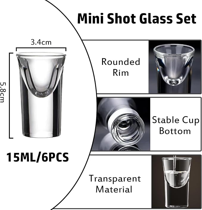 Mini Shot Glasses Set of 6, 0.5oz/15ml Clear Small Bullet Cups with Heavy Base, Cute Whiskey Glassware Cups for Vodka Whiskey Liqueurs Tequila Soju Espressos, Perfect for Party, Bar, Club, Cocktail