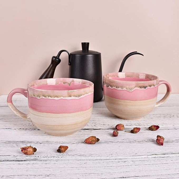 Bosmarlin Large Ceramic Coffee Mug Set of 2, Stoneware Jumbo Latte Mugs Tea for Office and Home, 16 Oz, Dishwasher and Microwave Safe(Pink, 2)
