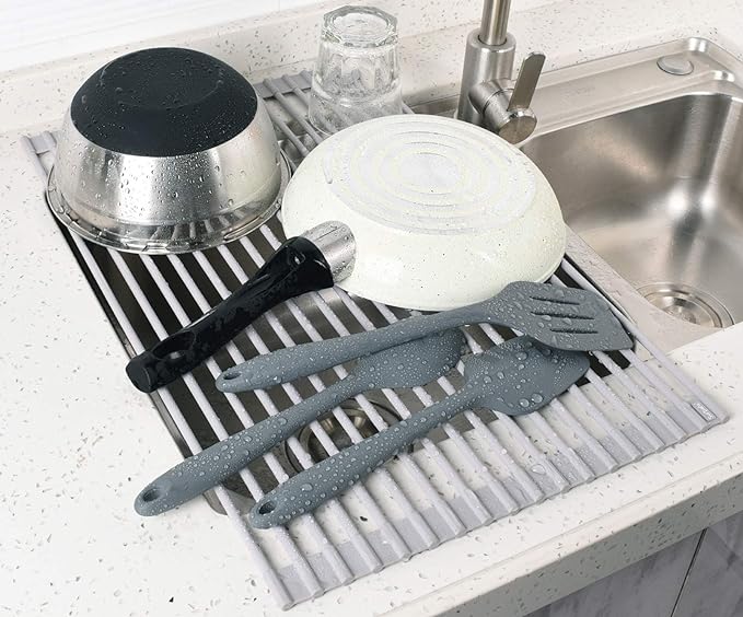 Surpahs 17.5 x 13.1 Inch Roll-Up Dish Drying Rack, Fits Across Sink Openings up to 16.5 Inches, Heavy-Duty Premium Silicone, Strong Support, Non-Slip, Heat-Resistant, Warm Gray