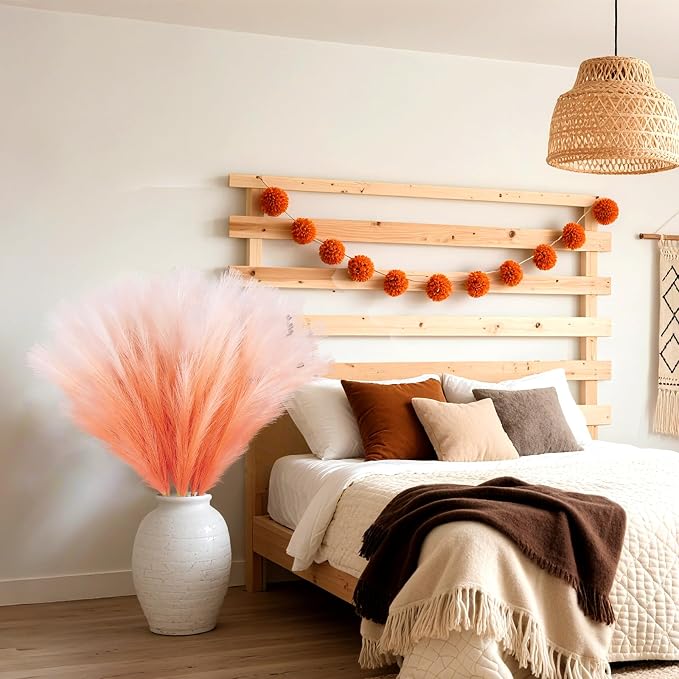 TORONTOKYO 8Pcs Orange Faux Pampas Grass Tall Decor, 35.4” Fluffy Artificial Pompous Grass Branches, Large Pampas Grass Reed Stems for Floor Vase Filler, Wedding, Baby Shower, Home Boho Fall Decor