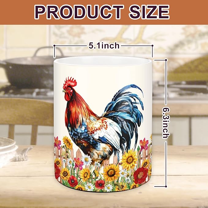 JarThenaAMCS Vintage Rooster Sunflower Ceramic Utensil Holder Rooster Floral Utensil Crock for Farmhouse Home Kitchen Countertop Storage Organizer Container
