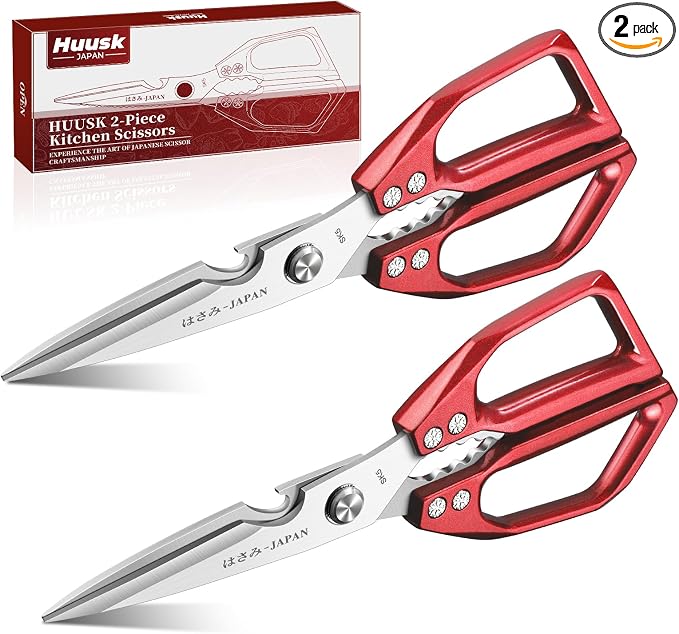 Huusk Kitchen Scissors Set Red - Japanese Kitchen Shears, Heavy Duty Poultry Shears, Sharp Meat Scissors for Food, Chicken Bones, and Turkey, Gifts for Women Men