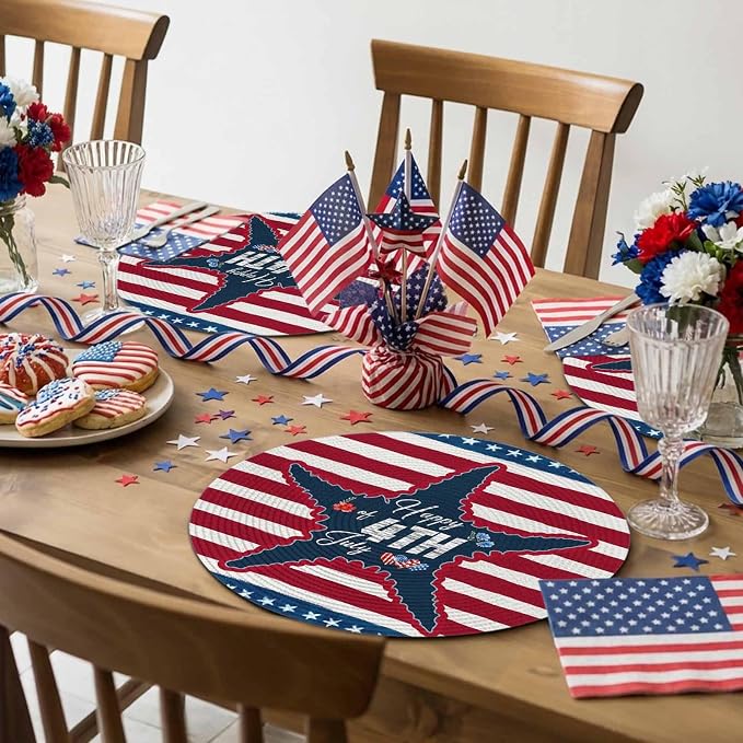 4th of July Round Placemats Set of 2 Happy 4th of July Place Mats Independence Day Woven Placemat Red White Blue Starfish Star Stripes Circle Braided Table Mat for Kitchen Dining Table Party 15 Inch