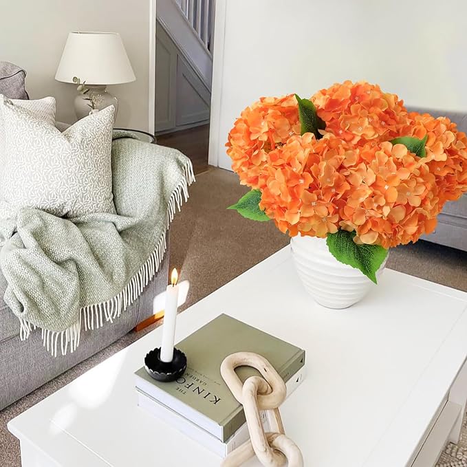 JINWOE 5Pcs 20Inch Orange Artificial Hydrangeas, Full Silk Flower Heads with Stem, Halloween Fake Hydrangea Flowers for Wedding Home Garden Centerpiece Floral Arrangements