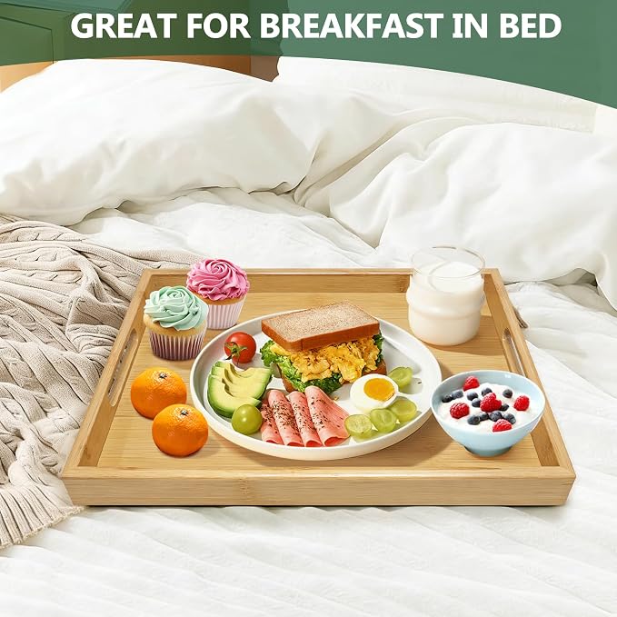 Bamboo Serving Tray with Handles, 14.6x10.2 Inch Rectangular Breakfast Tray for Eating on Couch or Bed, Modern Decorative Coffee Table Trays for Serving Food, Drink and Fruit