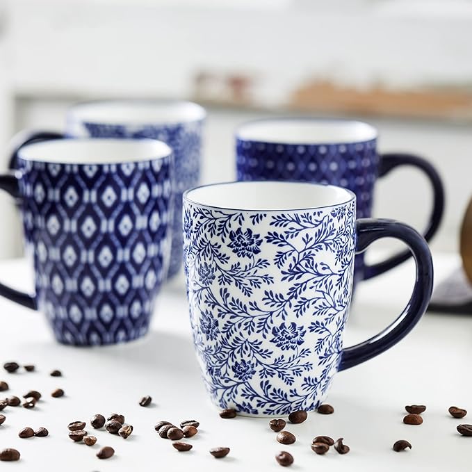 Selamica 16 oz Ceramic Coffee Mugs Set of 6, Ceramic Tea Cup with Handle, Dishwasher oven microwave safe, Vintage Blue