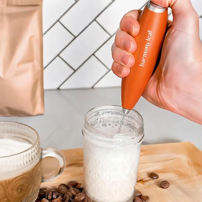 Harmony Leaf Handheld Milk Frother, Stainless Steel Electric Drink Mixer with Stand, Battery Operated Coffee Frother for Lattes, Matcha, Hot Chocolate and More, Orange
