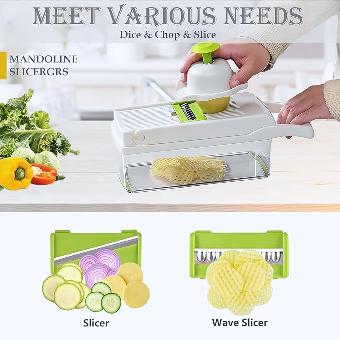 Dewpeton Pro-Series 16-in-1 Mandoline Slicer & Spiralizer, Veggie Chopper with Container for Onion Salad & More