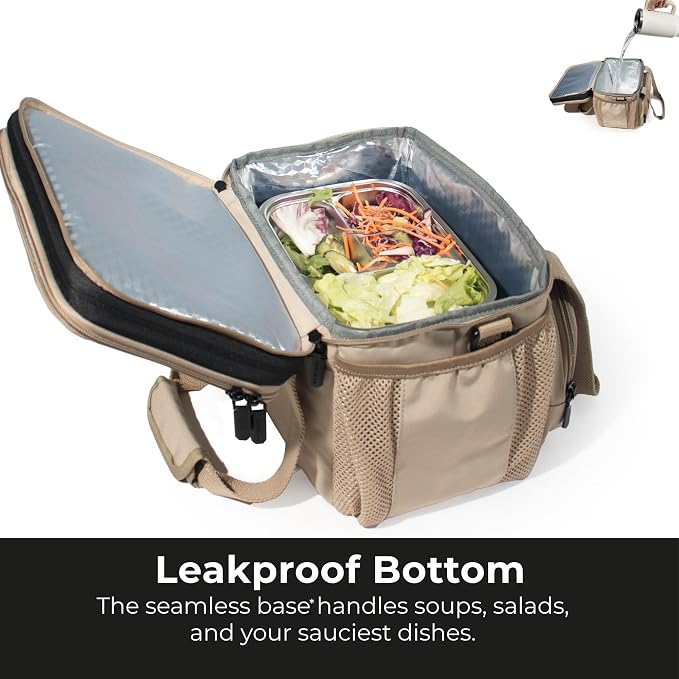 Dual Compartment Lunch Bag, 12L Insulated Leakproof Lunch Box, 13 Can Capacity (Oatmeal Beige)