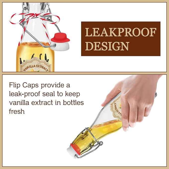 10 Pack Swing Top Glass Vanilla Extract Bottles 8 oz with Lids, Vanilla Extract Labels and Funnel, Glass Boston Bottles for Syrup Gift, Flip Top Jars
