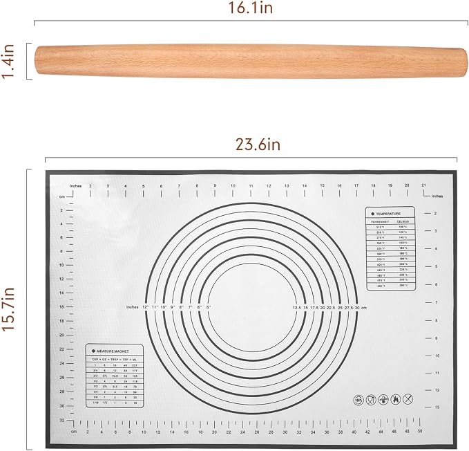 Wood Rolling Pin, QUELLANCE Wood French Roller Pin with Silicone Baking Mat, Beech Wood Dough Roller for Baking Dough, Pizza, Pie, Pastries, Pasta and Cookies