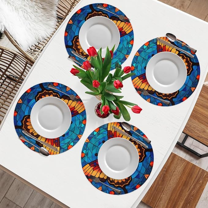 Round Placemats Set of 4, Butterfly Glass Background Woven Placemats Mats Non-Slip Heat Resistant Washable Table Mats Round Braided Place for Farmhouse Kitchen Dining Party Decor 15in