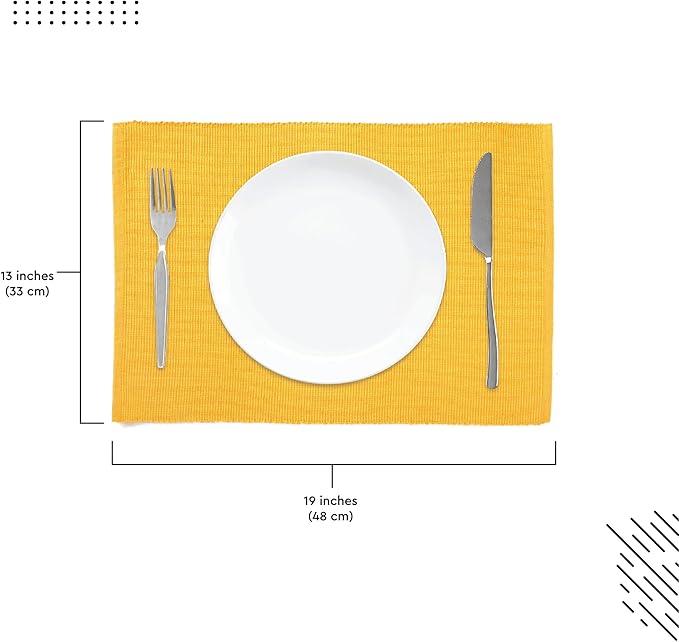 Encasa XO Dining Placemat Set of 6 | Yellow Color | Fine Ribbed Cotton Table mat | Size 19x13 in | Machine Washable
