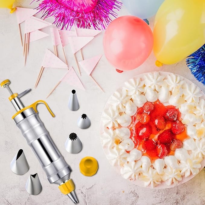 Patelai Cake Decorating Syringe Set, Stainless Steels Dessert Frosting Piping Kit with 6 Icing Piping Tips 3 Cream Scraper for Cupcake Decorating Tools(Yellow, White)