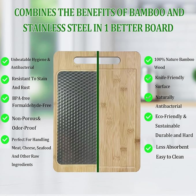 Double Sided Bamboo&Stainless Steel Cutting Board with Juice Groove and Handle, Non Toxic, Wooden Chopping Boards for Kitchen,Charcuterie Board,Ideal Gift for Housewarming(15”×11”Large YC)