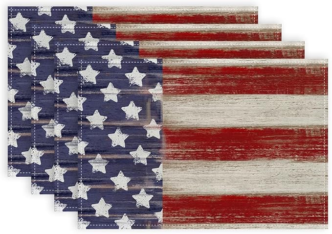 Bloss Patriotic 4th of July Placemats Set of 4, Memorial Day 12" x 18" Linen Table Mats for Party Kitchen Dining Decoration, Retro Vintage Independence Day Disposable Place Mats