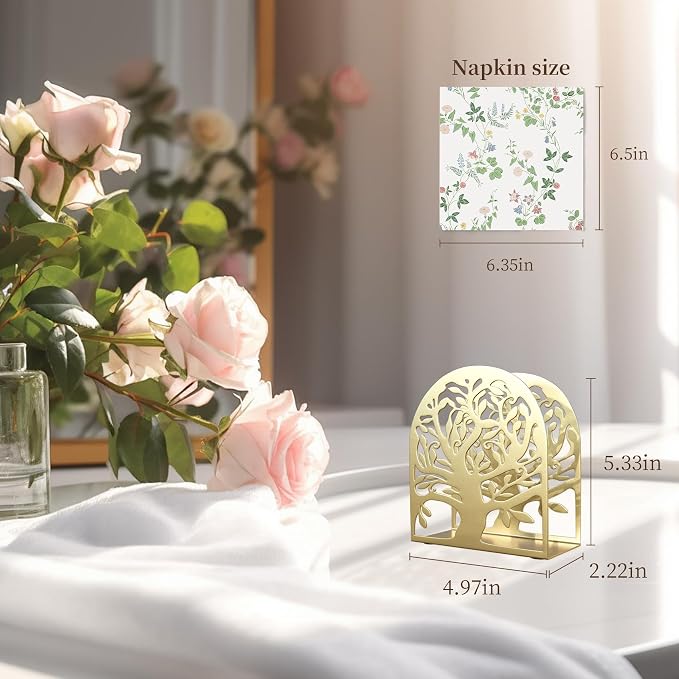 Metal Napkin Holder for Table – Decorative Tree of Life Napkin Holders for Kitchen & Dining Table, Fits Cocktail, Lunch & Guest Paper Napkins, Gold Countertop Napkin Holder for Home, Restaurant & Bar.