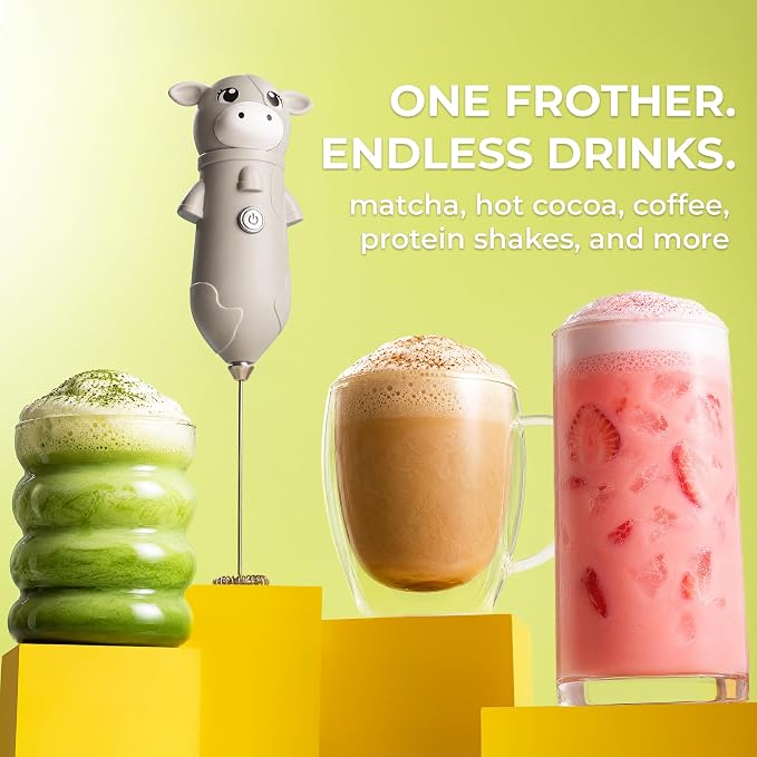 Zulay Kitchen Cow Milk Frother Wand – Cutesy Frother, Meet Your New Frothing Buddy Misty The Cow, Adoption Papers and Stickers Included, Purrr-fect for Lattes, Cappuccino & Matcha – Gray