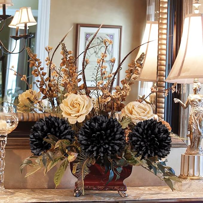 Briful Autumn Artificial Chrysanthemums Ball Flowers 6’’ Large Heads Mums Stems Black Fake Hydrangea Flowers Bouquet for Home Halloween Wedding Fall Decorations, Set of 4